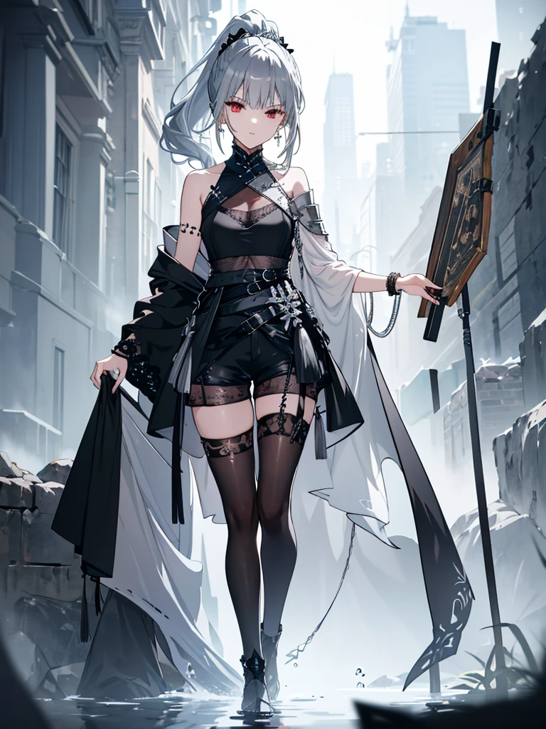 8k,High resolution RAW color art,Anime Art, (((Very detailed and cool))), Detailed skin, Blur、texture,(Exquisitely crafted, The finer details, Ultra-detailed art), (((1 girl))), Depth of written boundary, Silky Touch, Hyper Detail, (((Cool face))), eye shadow、Silver Marble Skin, Beautiful detailed red eyes, Beautiful lip detail, Very delicate face, Delicate depiction of hair and eyes, Detailed Fashion, Silver earrings,Silver Bracelet、Full body depiction, Black half top、(((Shoulder Bare)))、Black shorts、black waist cloak、black tights、 A little bit of grey hair, Ponytail Hair、Semi-long hair、(((Hair)))、water surface、silk clotheatte、Soft clothes
