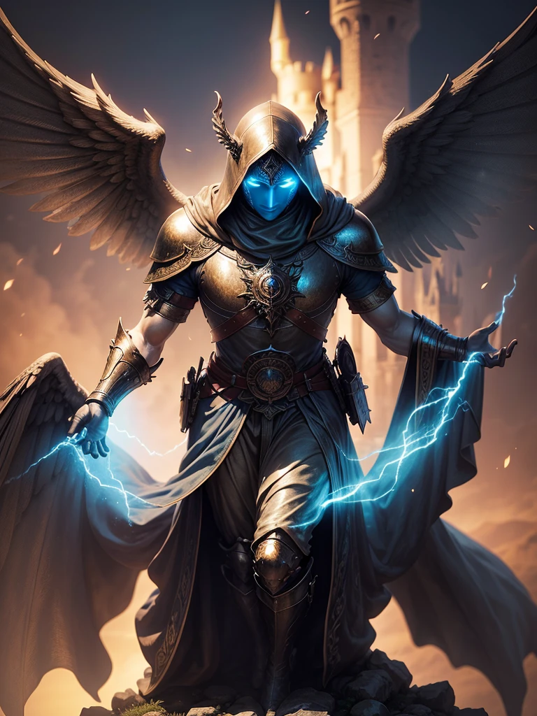 on top of a castle, A bronze statue, blue light emits from the statue, the statue looks like an ancient god, the statue is hooded, with your face covered, has wings, medieval fantasy world