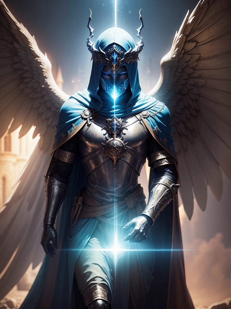 on top of a castle, A bronze statue, blue light emits from the statue, the statue looks like an ancient god, the statue is hooded, with your face covered, has wings, medieval fantasy world
