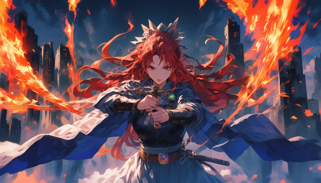 1 beautiful woman with long red hair, , Flying through the burning sky, An abandoned city can be seen in the background., Light from a flame, Very high resolution, Very high resolution, Dynamic configuration, Intricate details, Cinematic Vision, Action image