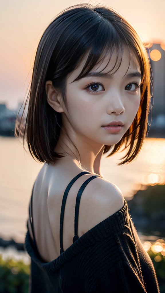(masterpiece:1.2),(Highest quality),(Very detailed:1.2),(High resolution),(Photorealistic Stick),(RAW Photos),8K,Close-up of a woman in a black sweater,Soft portrait shots,Beautiful Japanese Women,Gorgeous face portrait,Eye light,Girl of the person himself,Very beautiful face,Beautiful portrait,A lovely and delicate face,Beautiful young Japanese woman,Mature hairstyle,Look this way(Sunset in the background),(((Blur the background))),(Gentle light:1.5),(Over the shoulder),(POV shot)
