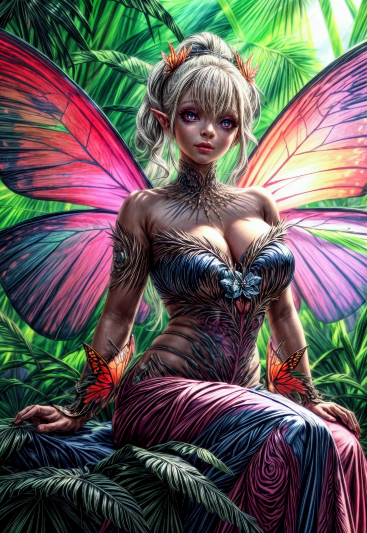 a picture of a jungle fairy, an extraordinary beautiful, elegant beauty, divine beautiful fairy, ((anatomically correct: 1.5)) spread butterfly wings, blue and purple wings, pink eyes, glowing eyes, (ultra detailed face: 1.2), best detailed face,  blond hair, rich hair, wavy hair, glamour dress, wild dress, dress decorated with jungle flowers,  sitting on massive heliconia tree the rain forest, sun rays coming through the trees, Hyperrealism style, vibrant, Ultra-high resolution, High Contrast, (masterpiece:1.5), highest quality, Best aesthetics), best details, best quality, highres, ultra wide angle, 16k, [ultra detailed], masterpiece, best quality, (extremely detailed) RAW, chumbasket art style, FairyTaleAI, fairy wings, Comistyle 