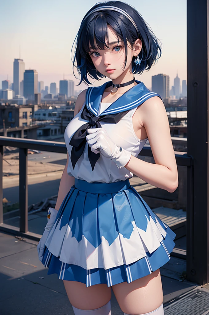 Best Quality, Masterpiece, Ultra High Resolution, (Realism: 1.4), Original Photo, A Twenty-Year-Old Girl, (Sailor Moon: 2.1) ((Ami Mizuno/Sailor Crystal, Sailor Mercury)), Charming Smile, Short Hair, Short Blue Hair, Vibrant Blue Eyes, Short Skirt, Looking at the Viewer, Pool in the Background, Dynamic Pose, OC Rendering, Water Splashing