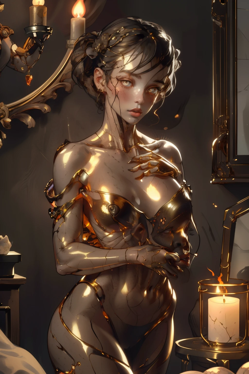 "Create a female faceless humanoid with bright eyes inspired by the image of a candle in a bronze candlestick. Her torso is made in wax color, giving her a feeling of warmth and softness. The head and neck are stylized as a wick, with a burning flame, where the center is dark and the edges are brightly illuminated. The limbs of this creature are twisted openwork bronze products, elegantly intertwined, giving the impression of lightness and sophistication. The overall look should convey the magical atmosphere of a lively structure, combining elements of light and metal."