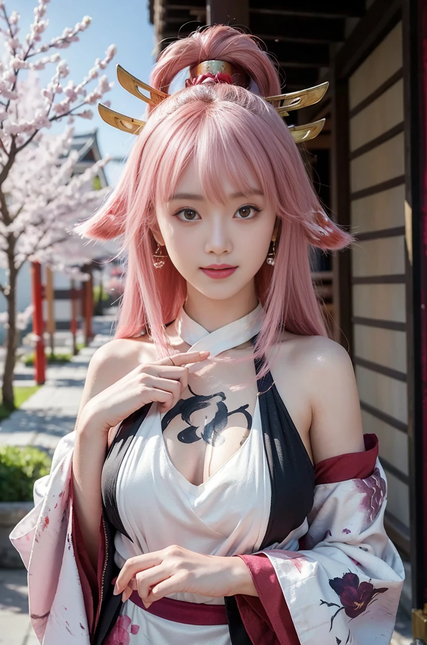 kpop idol, yae miko, detached sleeves, bare shoulders, pink hair, long hair, japanese clothes, best quality, (painting:1.5), (hair ornament:1.35), jewelry, purple eyes, earrings, breasts, torii, cherry blossoms, lantern light, depth of field face focus, ribbon_trim, (looking at viewer:1.25), nontraditional miko, shiny skin, long sleeves, smile, thick lips, hands on lips, east asian architecture, (blurry background:1.2), sitting, upper body,((ultra high res, 8k, RAW photo, best quality, masterpiece:1.47746,realistic:1.4, photo-realistic:1.4,cinematic lighting:1,intricate details:1,raw photo:1))(((ultra-detailed:1.47746))),professional lighting,((physically-based rendering:1)), ((ruddy skin:1,sweat))lens flare,ray tracing ,(extremely detailed face, beautiful detailed eyes,expressive hair:1.5,shiny hair;1)cinematic lighting,(vivid expression) (body muscle:1) solo(1girl:1.5)((smiling:1),(plump figure:1,blance body:1)(realistic hand,realistic clothes)