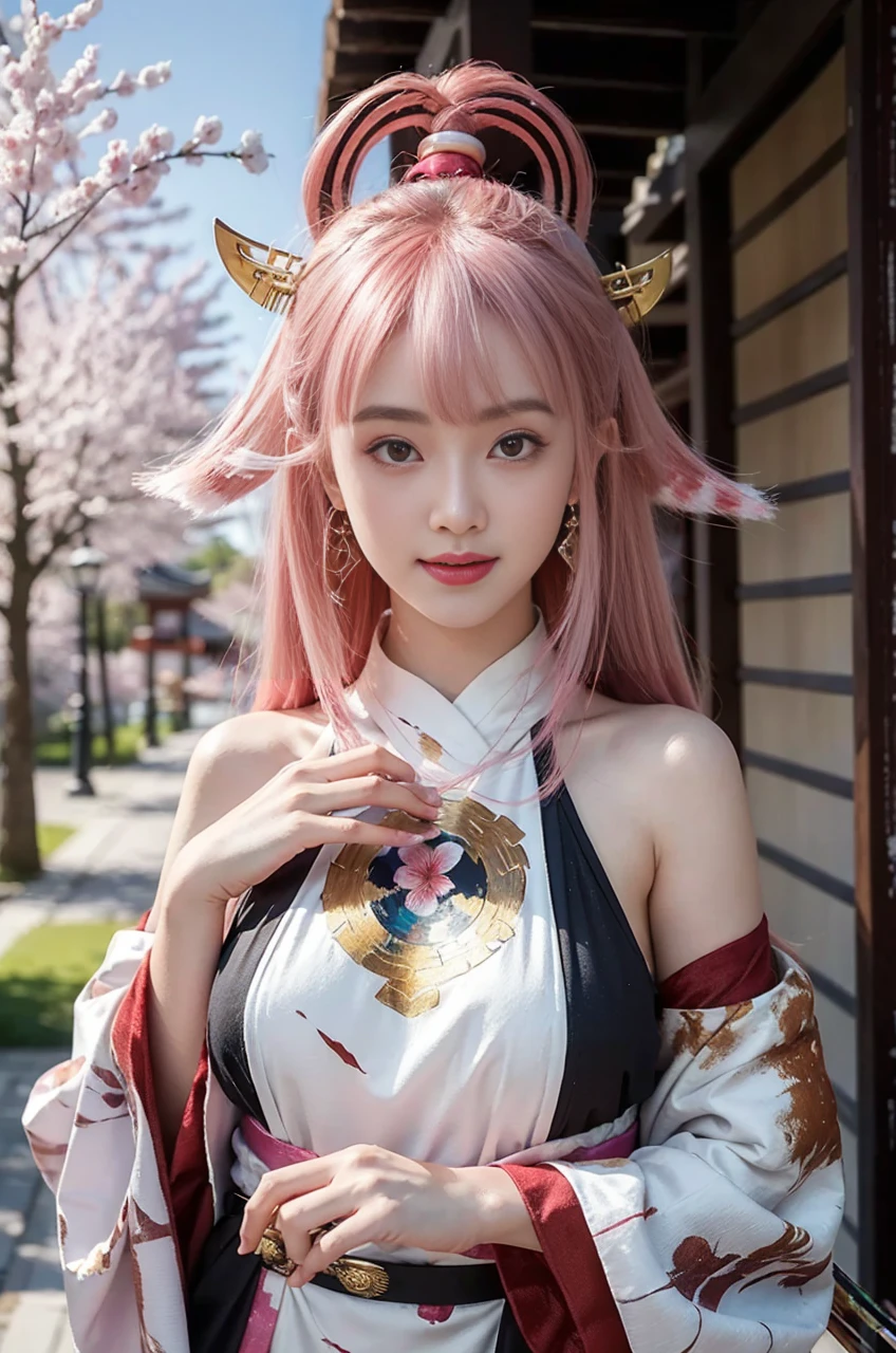 kpop idol, yae miko, detached sleeves, bare shoulders, pink hair, long hair, japanese clothes, best quality, (painting:1.5), (hair ornament:1.35), jewelry, purple eyes, earrings, breasts, torii, cherry blossoms, lantern light, depth of field face focus, ribbon_trim, (looking at viewer:1.25), nontraditional miko, shiny skin, long sleeves, smile, thick lips, hands on lips, east asian architecture, (blurry background:1.2), sitting, upper body,((ultra high res, 8k, RAW photo, best quality, masterpiece:1.47746,realistic:1.4, photo-realistic:1.4,cinematic lighting:1,intricate details:1,raw photo:1))(((ultra-detailed:1.47746))),professional lighting,((physically-based rendering:1)), ((ruddy skin:1,sweat))lens flare,ray tracing ,(extremely detailed face, beautiful detailed eyes,expressive hair:1.5,shiny hair;1)cinematic lighting,(vivid expression) (body muscle:1) solo(1girl:1.5)((smiling:1),(plump figure:1,blance body:1)(realistic hand,realistic clothes)