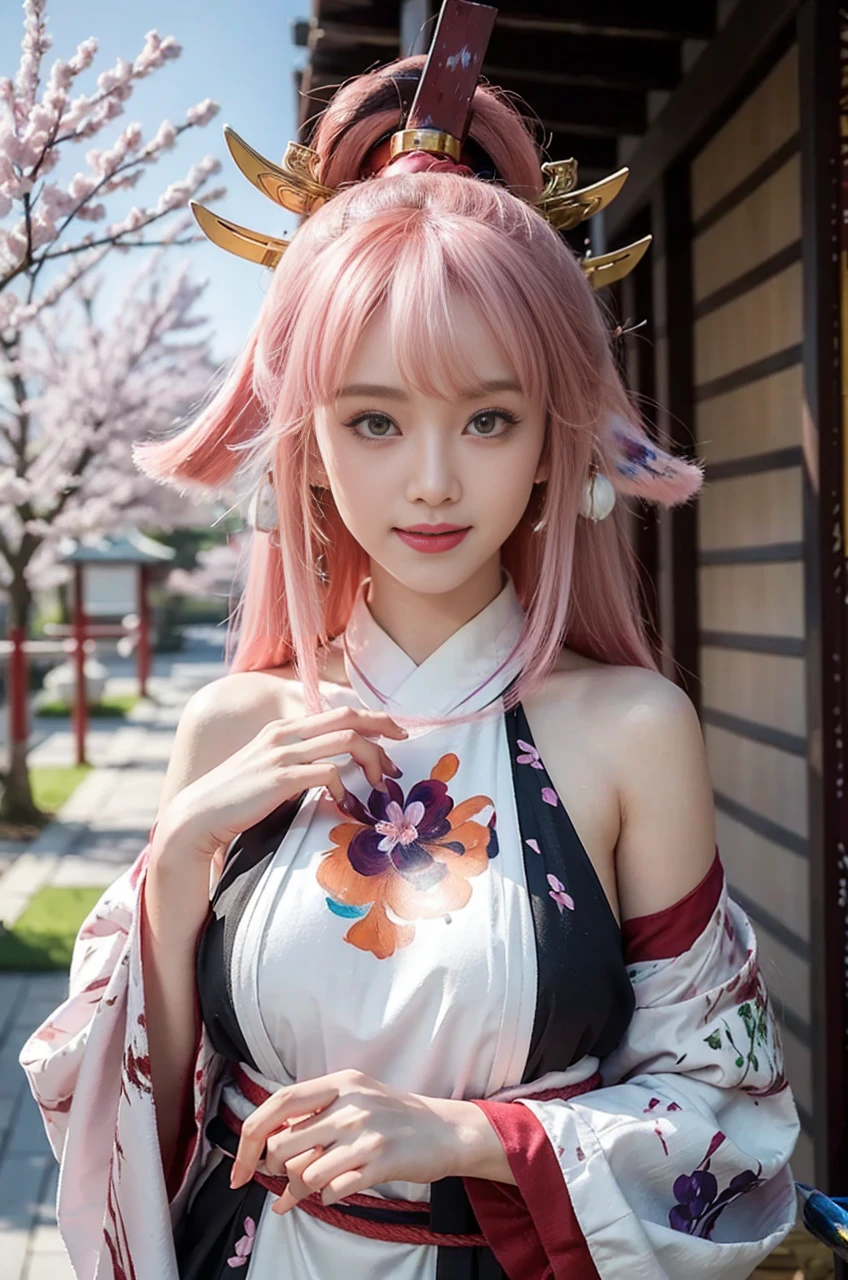 kpop idol, yae miko, detached sleeves, bare shoulders, pink hair, long hair, japanese clothes, best quality, (painting:1.5), (hair ornament:1.35), jewelry, purple eyes, earrings, breasts, torii, cherry blossoms, lantern light, depth of field face focus, ribbon_trim, (looking at viewer:1.25), nontraditional miko, shiny skin, long sleeves, smile, thick lips, hands on lips, east asian architecture, (blurry background:1.2), sitting, upper body,((ultra high res, 8k, RAW photo, best quality, masterpiece:1.47746,realistic:1.4, photo-realistic:1.4,cinematic lighting:1,intricate details:1,raw photo:1))(((ultra-detailed:1.47746))),professional lighting,((physically-based rendering:1)), ((ruddy skin:1,sweat))lens flare,ray tracing ,(extremely detailed face, beautiful detailed eyes,expressive hair:1.5,shiny hair;1)cinematic lighting,(vivid expression) (body muscle:1) solo(1girl:1.5)((smiling:1),(plump figure:1,blance body:1)(realistic hand,realistic clothes)