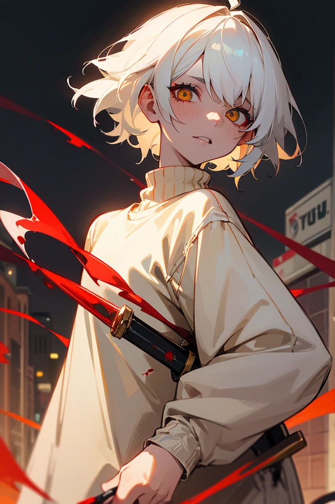 Femboy,  has blood on face and is holding a bloody knife, has a crazy facial expression, has white hair and a cream colored sweater with blood on, has yellow eyes and is dressed femininely. A lonely city street at night, masterpiece, 8K high res, looking at viewer