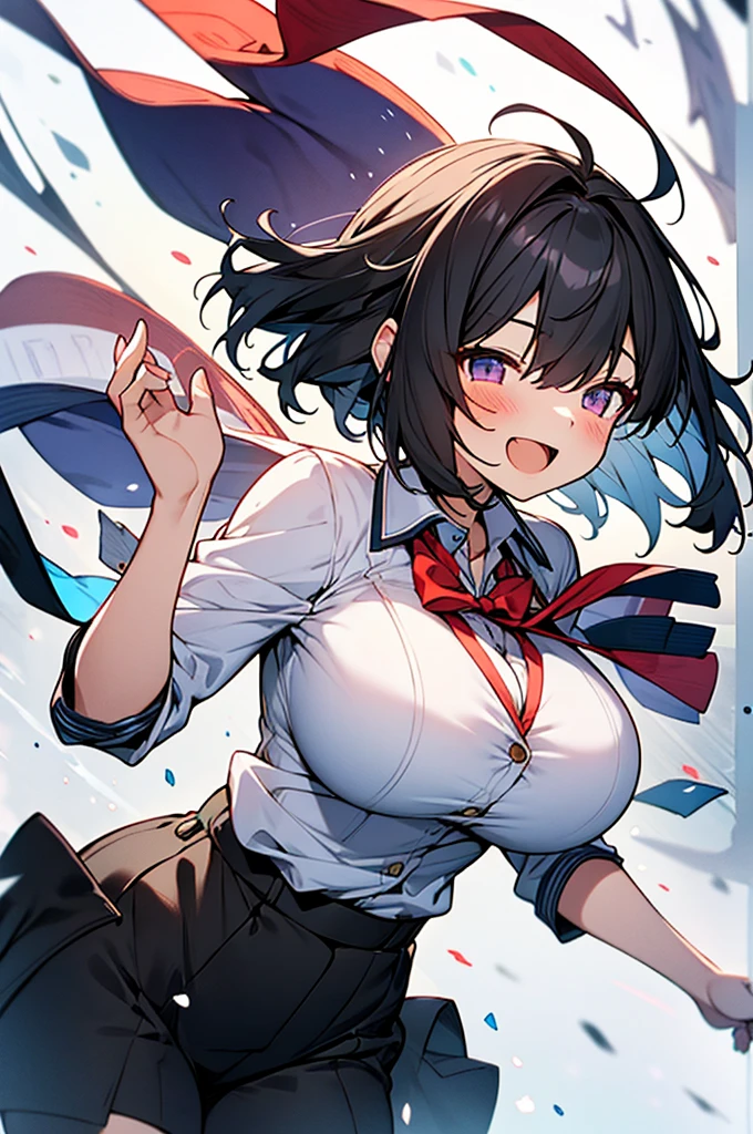 huge breasts,breasts clothes,silhouette,ultra large school blazer uniform,(short hair,black hair),loose-fitting blouse,Sporty aura,
happy laughter,energetic for nothing,Excessive youth,