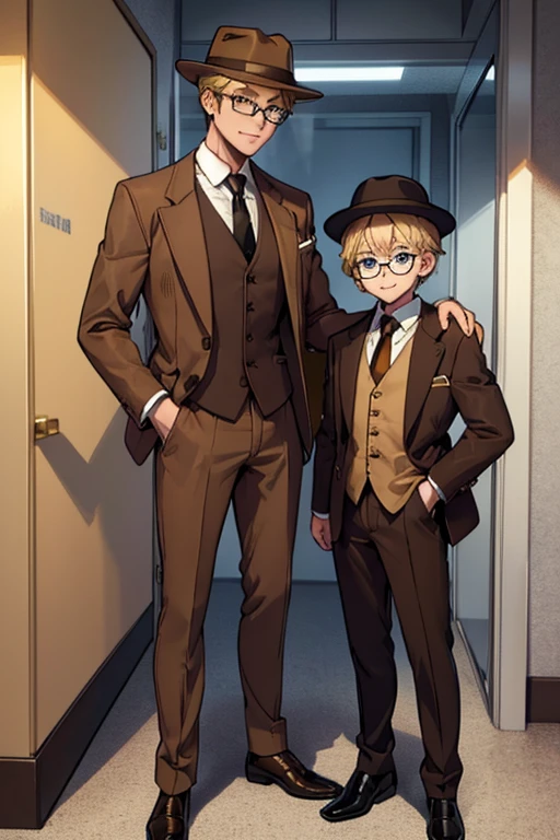 male, blonde short messy hair, blue eyes, (((1boy))), (((brown suit jacket))), (white dress shirt), (golden yellow vest), (brown dress pants), (black necktie), (black dress shoes), (brown trilby hat), (glasses), young, long legs, smiling, single man, no other people