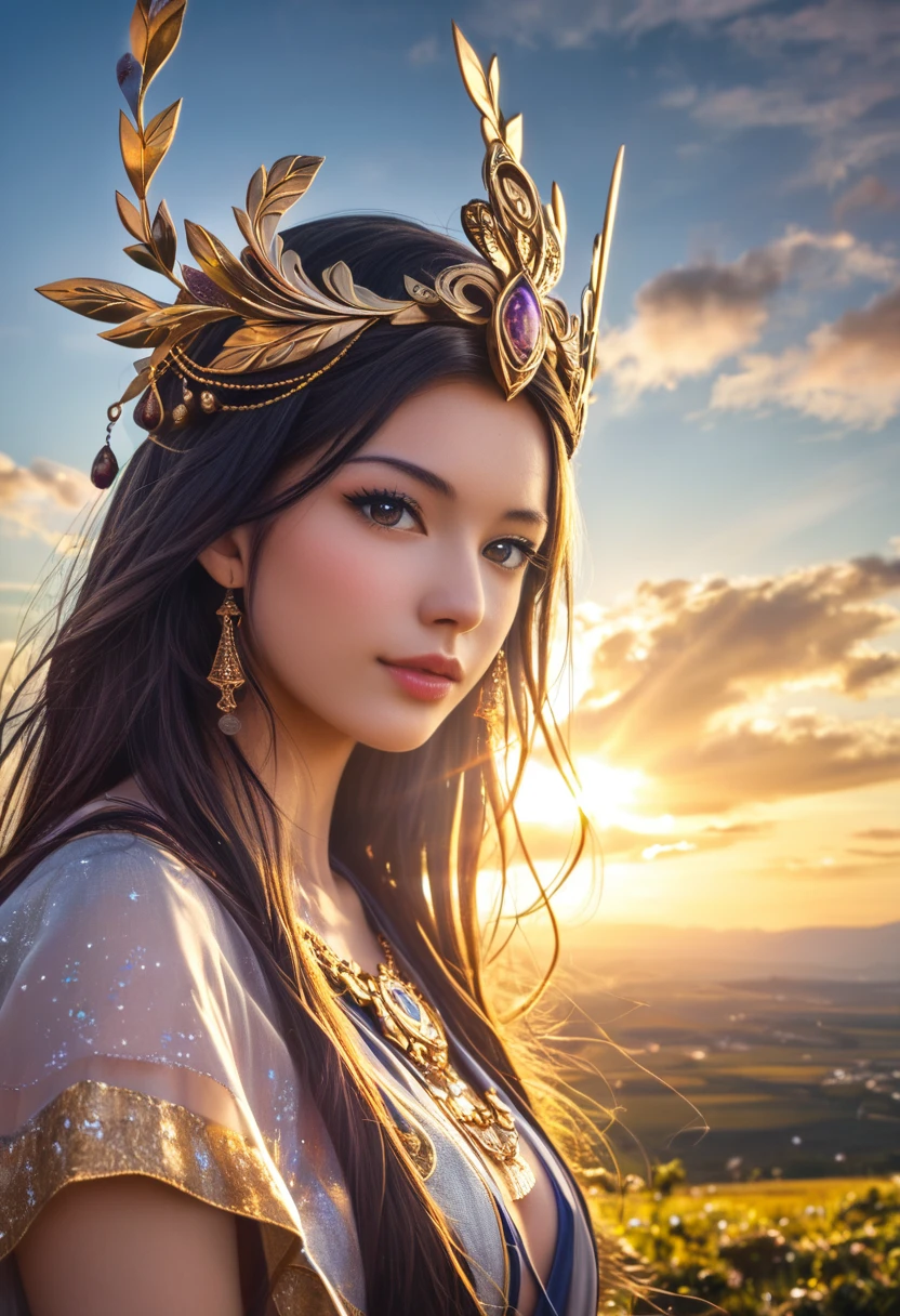 Beautiful details of the Goddess of Abundance、Wearing a long toga、Intricately decorated headdresysterious and shining aura、Fantastic landscape background、Cinematic lighting、Dramatic Shadows、grow、Very detailed、8k、Photorealistic、masterpiece