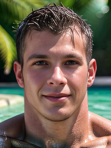 realistic, masterpiece, best quality, cinematic, dynamic lighting, natural shadow, ray tracing, volumetric lighting, highest detail, professional photography, detailed background, depth of field, insane details, intricate, aesthetic, detailed face, detailed skin, subsurface scattering, realistic hair, realistic eyes, average_muscular, young man, masculine, large pectorals, pecs, abs, photo of a handsome man, young, 19y.o, wet, playing in water, smirk