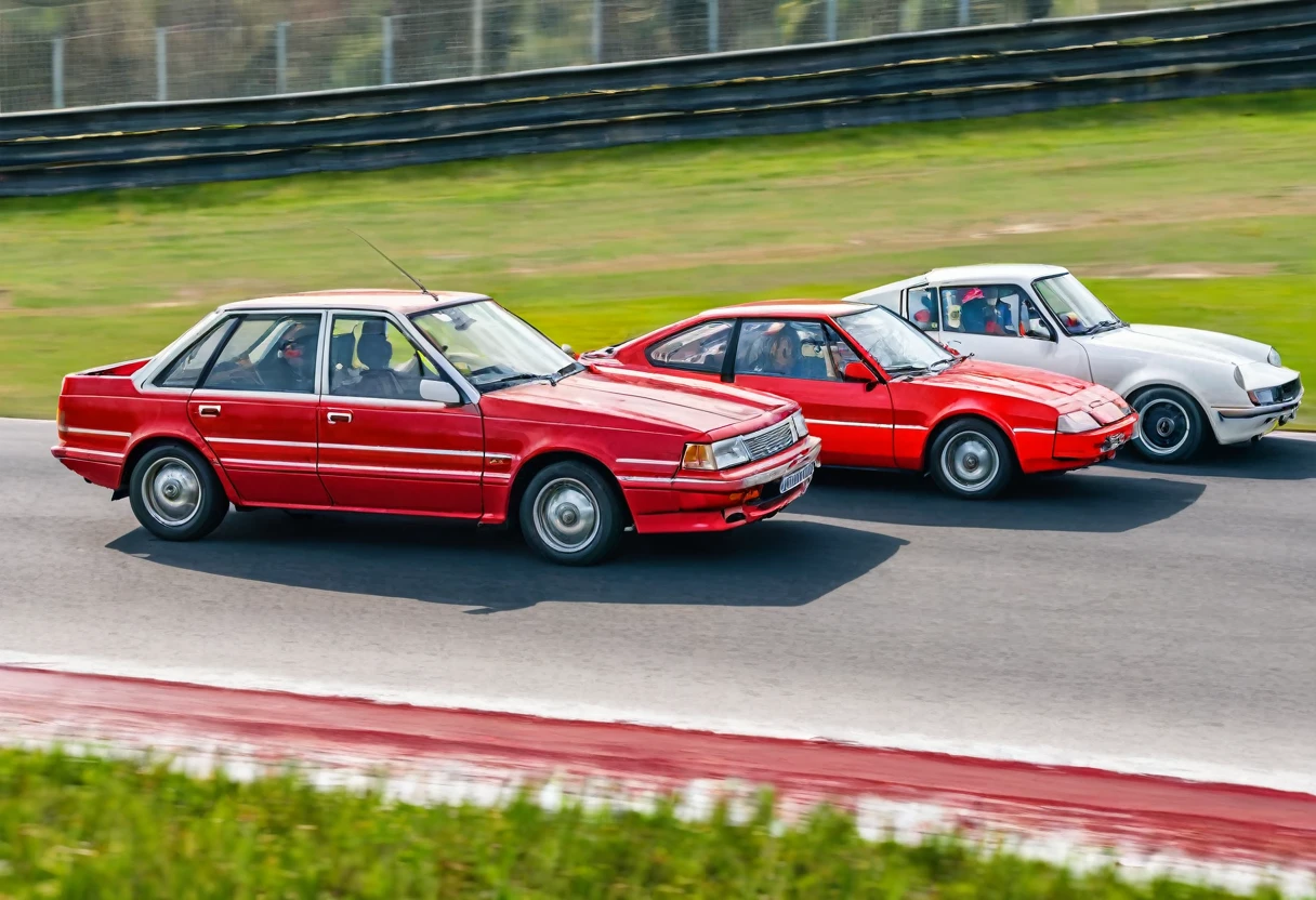 in a road car race, an old European family passenger car (with red paint) overtakes all modern sports cars (with white paint)