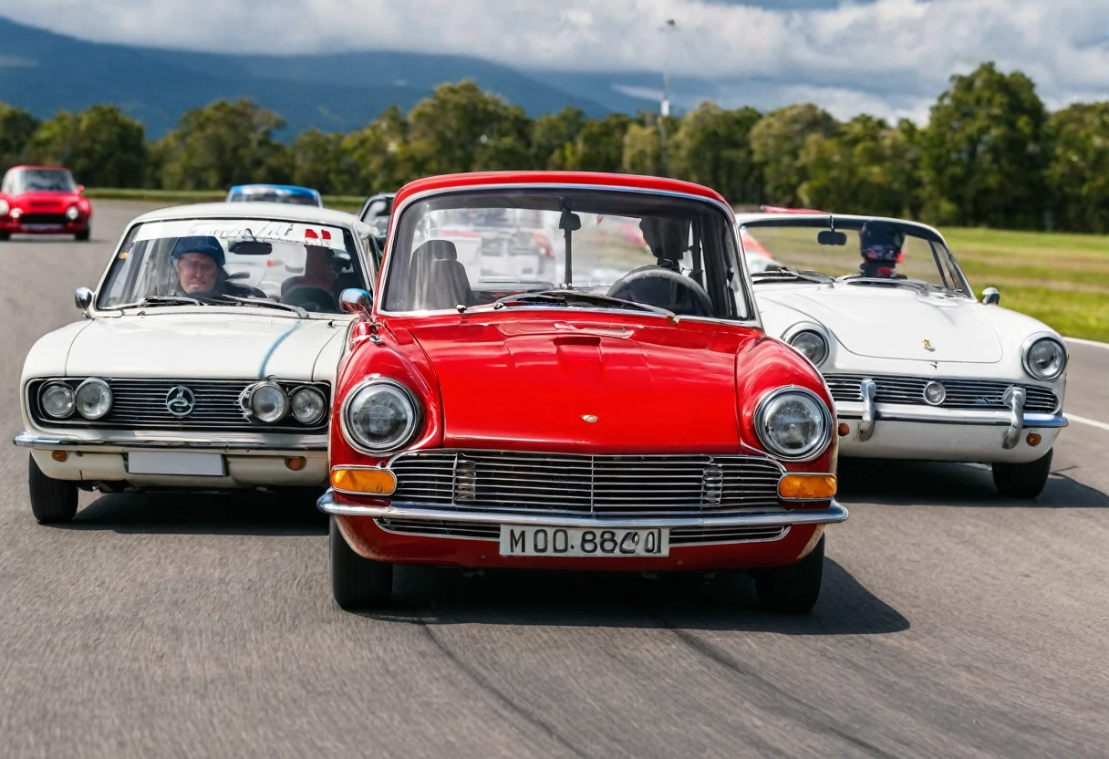 in a road car race, an old European family passenger car (with red paint) overtakes all modern sports cars (with white paint)