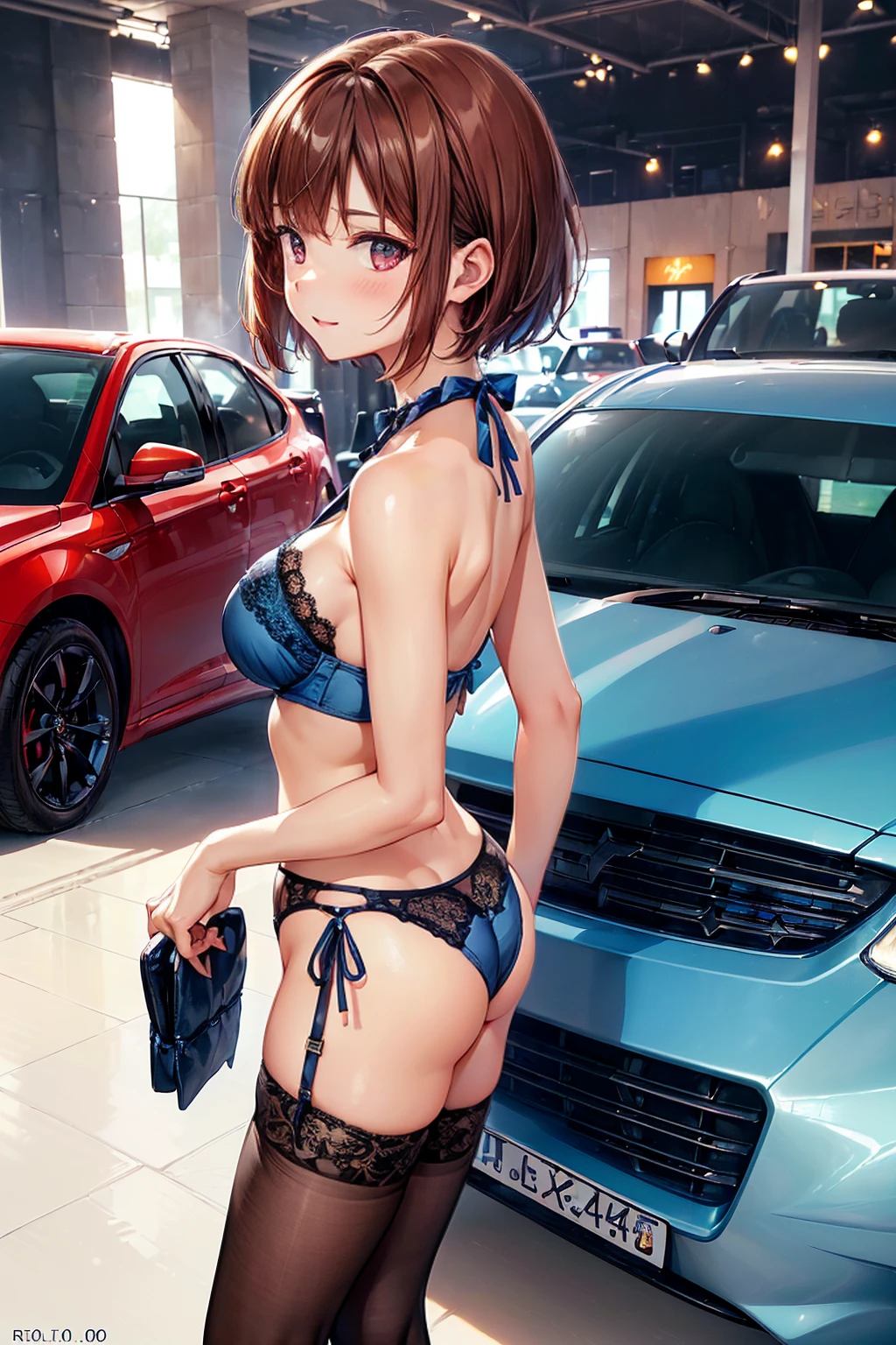 (((masterpiece, Highest quality, High resolution, 超High resolution, Perfect Pixel, Depth of written boundary, 4K, RTTX 10.0))), Beautiful Anime Woman, Beautiful art style, Anime characters, ((Smooth texture, Realistic texture, Anime CG Style)), Exact finger count、Exact number of legs、(Exact number of arms:1.0, Exact number of hands:1.0), (Perfect hands, Perfect Anatomy), Cinematic, Realistic, Extremely detailed CG, Daytime lighting, Perfect lighting, Best Shadow, The best natural light, A separate, precisely shaped car, whole body, Perfect body, バランのとれたPerfect body, Perfectly balanced style, Slender body, ((bangs, Reddish brown hair, Bobcut)), ((The back view of a cute adult woman standing ily with her hands on a car and her buticking out:1.8)), (pussy j1.5), ((Bow tie around neck:1.3), (Sexy and cutlue underwear:1.3), (Stylish shiny blue satin panties, Side-t full-back panties, Blue full-baces with lace trim:1.3), blue panties:1.3), (Blue micro lace satinlue bra with lace trim, Thin bra:1.3), (garter belt, Garter Strings, Knee socks:1.3):1.3), (motor Show, Many visitors in the background, Crowded venue, A show car on display in the background, indoor:1.7), naked, Blue underwear, Angle from directly d, A close-up angle of a butt in blue full-back panties