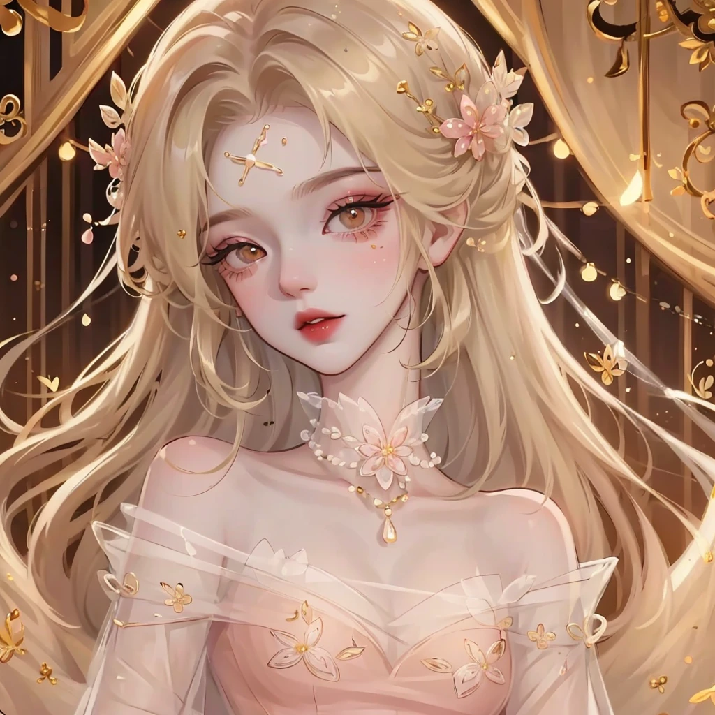 ((masterpiece)),high quality,Extremely detailed,Blonde+White clothing:1.2,Sweet and delicate girl,Bijai,Lolita prostitute，Exquisite facial features,Perfect body，Pearl decorated face，There are bubbles around,Bright colors,Romantic long hair,Natural light,Warm and sweet,Brown eyes,Gorgeous hair accessories，Pink clothing
