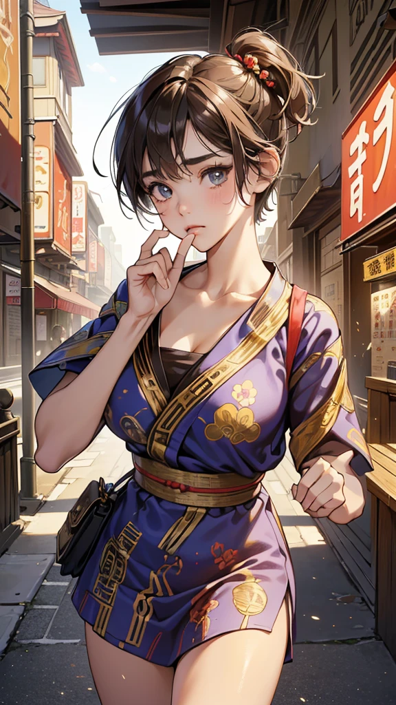 (perfect anatomy:1.2)(absurdres, highres, ultra detailed),masterpiece,best quality,high resolution,8k,Realistic face,Realistic skin texture,magnified textures, stunning clarity,detailed anime girl,(ultra detailed eyes and face),(:1.2),(baby face:1.2),japanese girl,floral printed blue yukata,、(very short hair:1.5)(two side up:1.6)、tareme,light brown hair:1.2,kanzashi、glamor、short stature、(Impatience:1.4)(in a hurry:1.5)(bust up:1.4),Steampunk in the Edo Period、(Vivid hieroglyph signs and street advertisements:1.2)、,autumn、hieroglyph,souk、Shopping Street、Ancient Egyptian statues,reaching out,(tanned skin:1.3 ),big breasts,look up viewer,round face,Shoulder Bare,(from front:1.2),cleavage cutout,(running:1.5)(dashing:1.5)