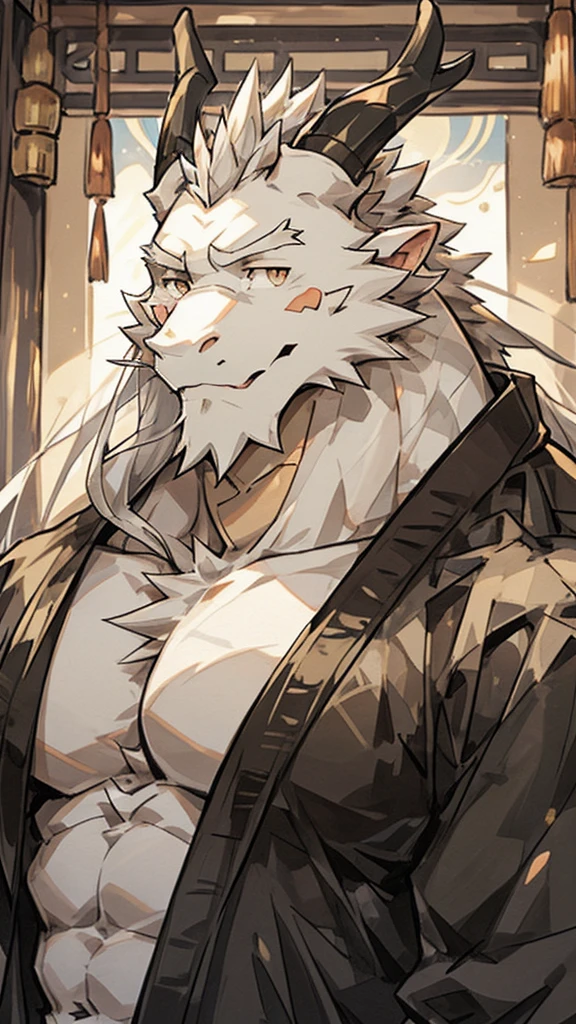 (white eastern dragon),furry,white mustache,big pecs,hearty males,muscular,black imperial robe,naked,adult,traditional_chinese_room,head portrait,hypnosis,Long medium length (slightly longer than chin )