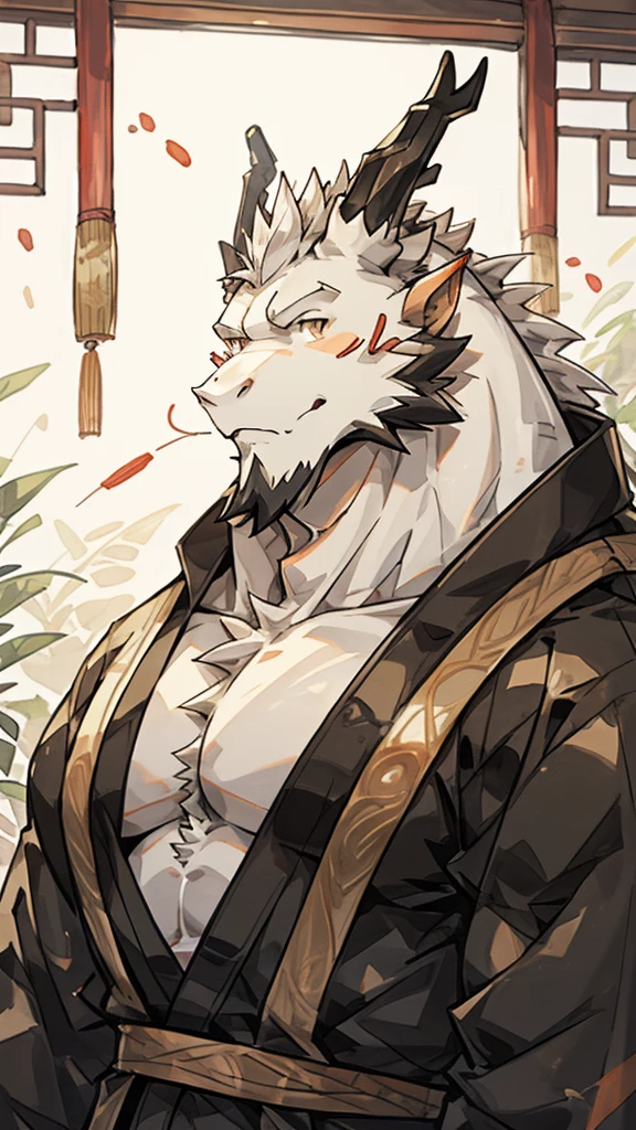 (white eastern dragon),furry,white mustache,big pecs,hearty males,muscular,black imperial robe,naked,adult,traditional_chinese_room,head portrait,hypnosis,Long medium length (slightly longer than chin )