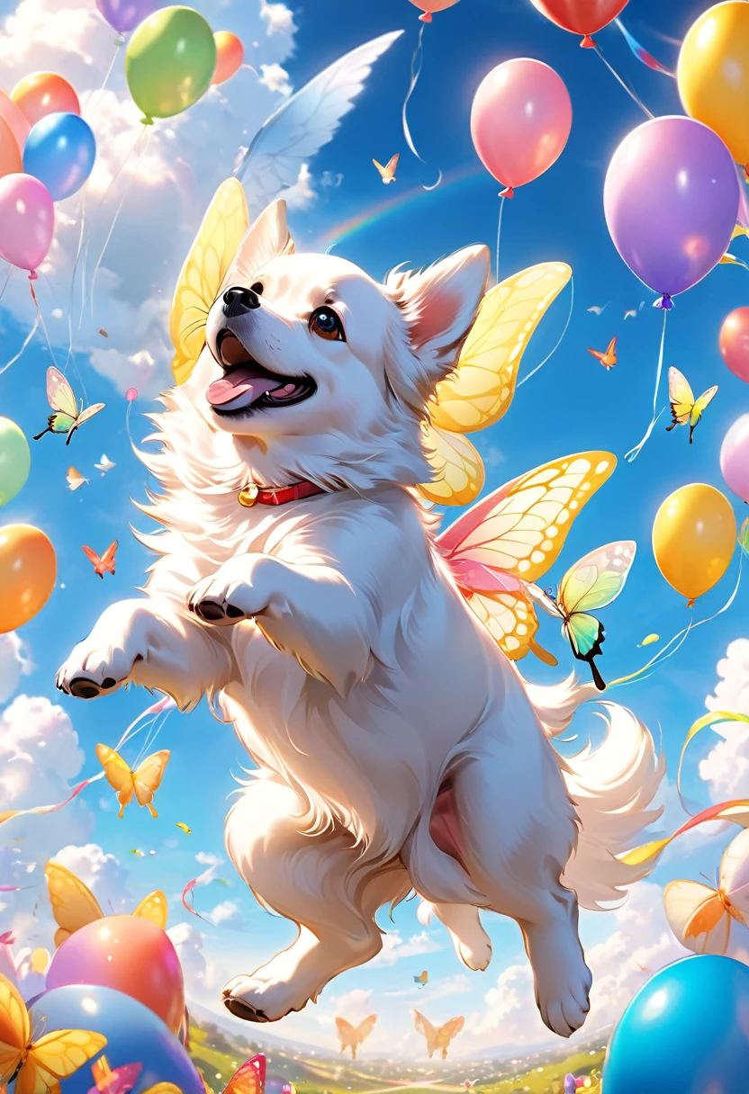 1dog, cute flying puppy with huge beautiful Swallowtail butterfly-wings, intricate detailed vibrant colors shining wings, puppy holding many balloons, floating gently between clouds in the wide sky, dreamy, cozy space, joyful expression dancing in the sky, (best quality,4k,8k,highres,masterpiece:1.2),ultra-detailed,(realistic,photorealistic,photo-realistic:1.37), cute expression, playful, whimsical, pastel colors, soft lighting, cinematic, fantasy, ethereal