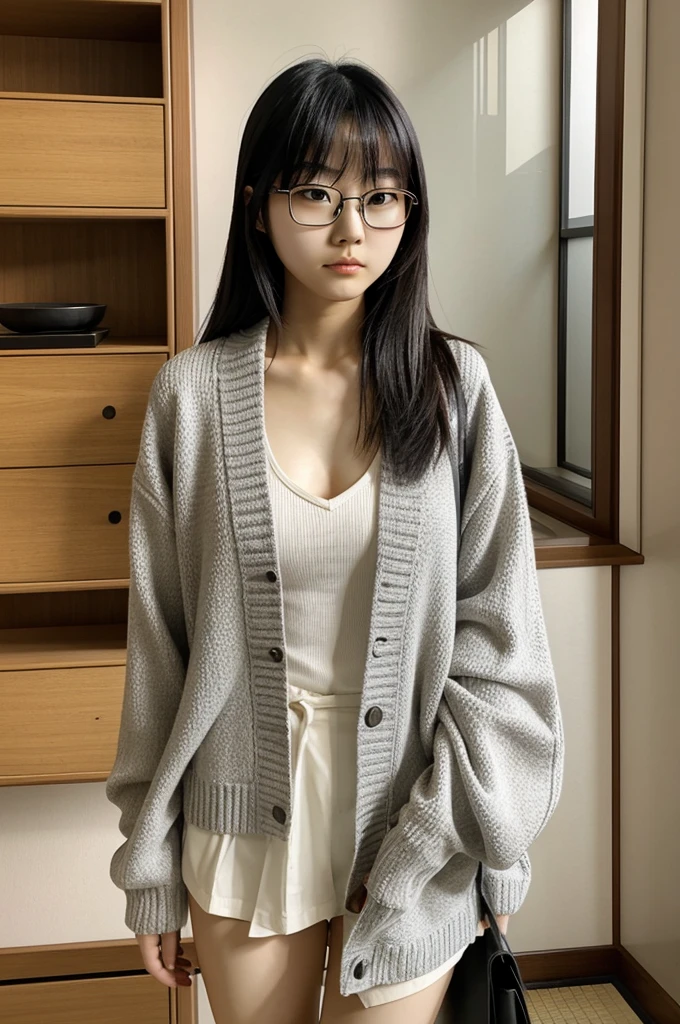 Photo Real、photoRealstic Dark hair、Short hair、bangss drooing eyes、with round face、The contours of the face are round、a 、Plump cheeks、small mouth eye glasses、Round glasses、Big glasses、Black-rimmed glasses、校服、a sailor suit、Beige cardigan、Red skirt hi-school girl、sixteen ySoft thighs Faces close、Face Close-up、Close distance、Staring at this、Boldly touch the chest、Leaning against the bookshelf、Blushing Background with、bookcase、Timber wall、wood floor、Dark place