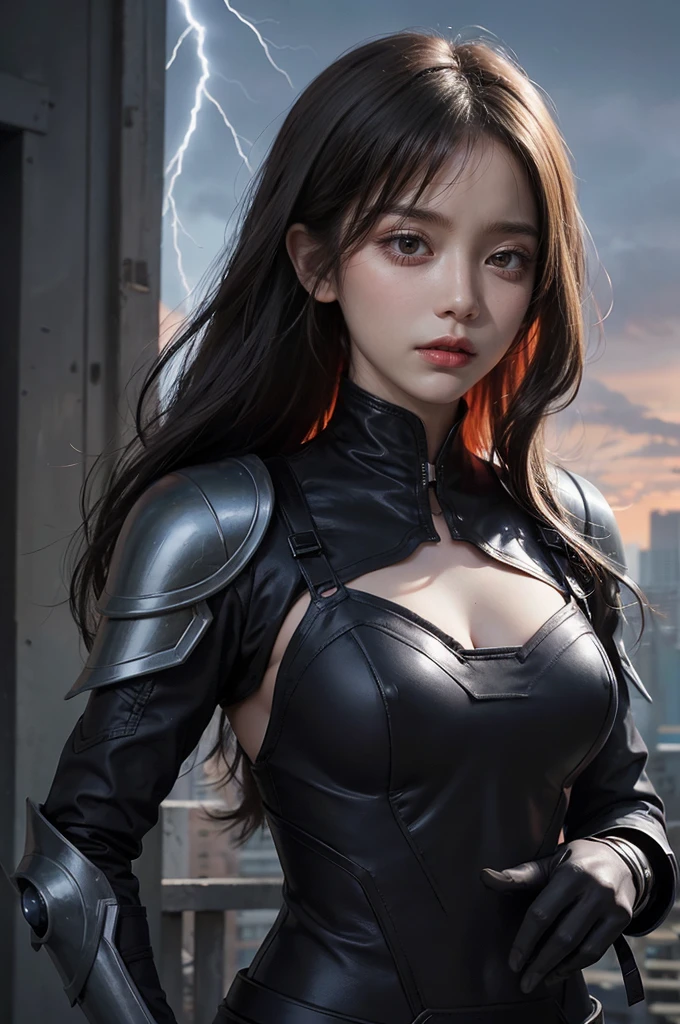 Game art,The best picture quality,Highest resolution,8K,((A bust photograph)),((Portrait)),(Rule of thirds),Unreal Engine 5 rendering works, (The Girl of the Future),(Female Warrior),22-year-old girl,(Hair random),(A beautiful eye full of detail),(Big breasts),Elegant and charming,Smile,(frown),(Clothes full of futuristic sci-fi style,Sweater,A delicate pattern,Glittering jewels,Armor,White and red),Cyberpunk Characters,Future Style, Photo poses,Street background,Movie lights,Ray tracing,Game CG, Unreal Engine)), rendering reflection pattern