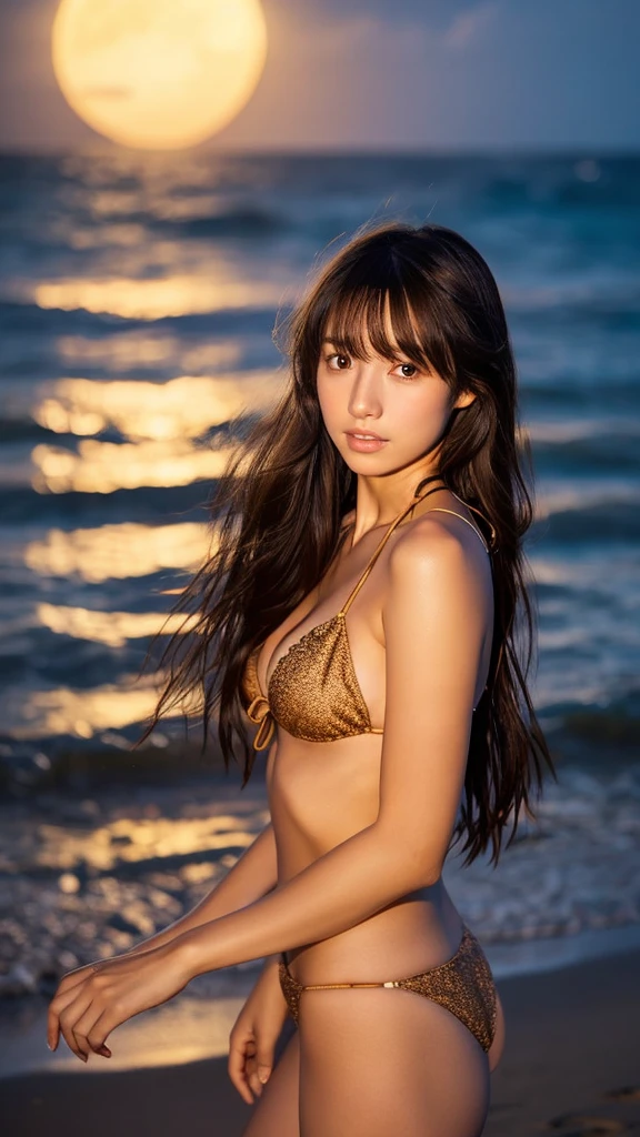japanese girl brown bikini smooth and soft skin Delicate hair tousled by the wind Ocean summer night sandy beach starry sky A dream-like huge and realistic full moon professional lighting