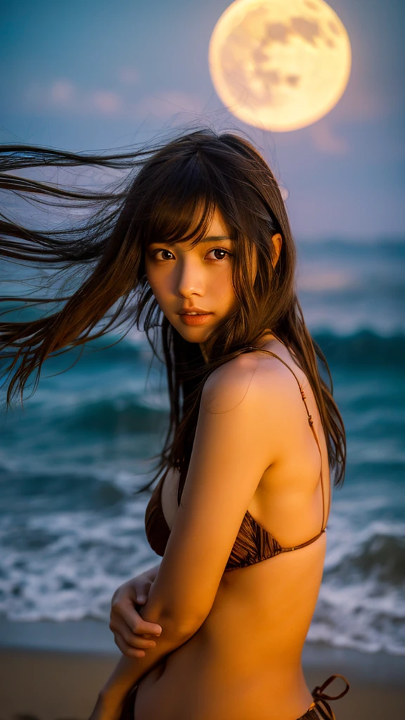 japanese girl　brown bikini　smooth and soft skin　Delicate hair tousled by the wind　Ocean　summer night　sandy beach　starry sky　A dream-like huge and realistic full moon　professional lighting
