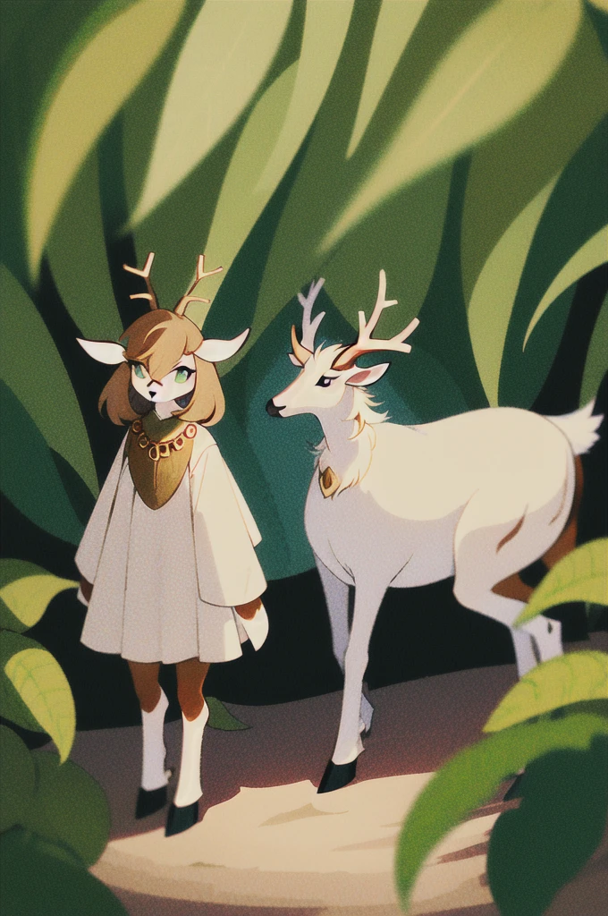 1girl,, white shirt, full body, Original Character, Volumetric Lighting, Best Shadows, Shallow Depth of Field, Stunningly Beautiful Girl, , Delicate Beautiful Attractive Face Pele: Tanned Horns: Bent over, ivory color eyes: amber, vertical pupils Hair: Green and Wavy Ears: Pointy Legs: Of deer, Thin, covered in light brown hair, with hooves Tail: Short and furry, light brown clothing: Dress made of leaves and natural fibers Brands: Greenish Tribal Accessories: Moonstone and seed necklace