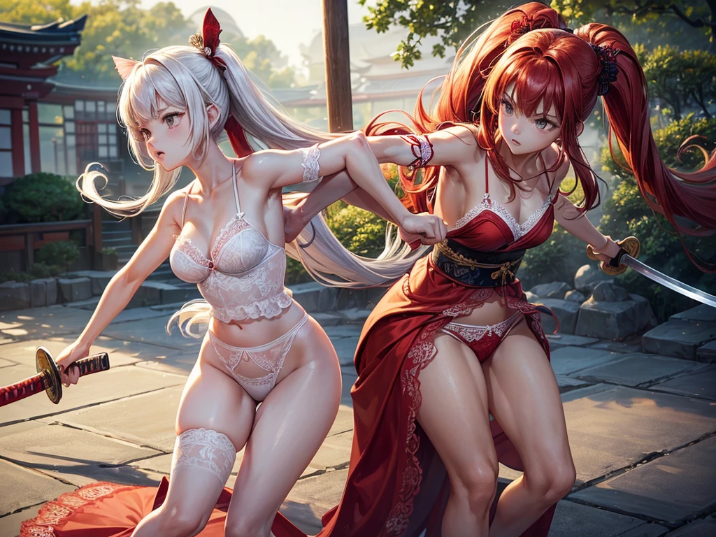 ((depic young girll)), (((top-quality, masterpiece))), 4k, HD, one girl, long hair, red hair, straight hair, ((poney tail)), nice hips, Masterpiece, Excellent, complex details, delicate girl, delicate face, sassy, confident, white ribbons, (((cute white lace lingerie))), (((sofisticate red lace lingerie))), brown eyes, clavicle, bare arms, bandage on arms, flat belly, (red kimono), standing, (((graceful fighting move))), ((holding katana sword in hand)), Japanese garden, atmosphere of feudal Japan