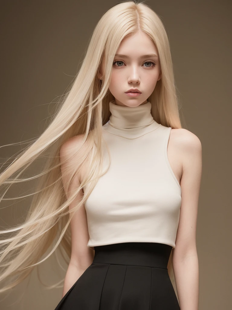 (best quality), 1girl, female, porcelain skin, blonde hair, straight hair, long hair, swoopy tips, Flipped-up ends, brown eyes, perfect eyes, crop turtleneck top, black skirt, slender, , small bust, shy, masterpiece, anatomically correct, highres
