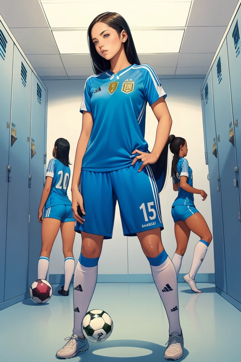 Group of girls, in locker room, Soccer uniform, fullbody shot, undressing, sweaty