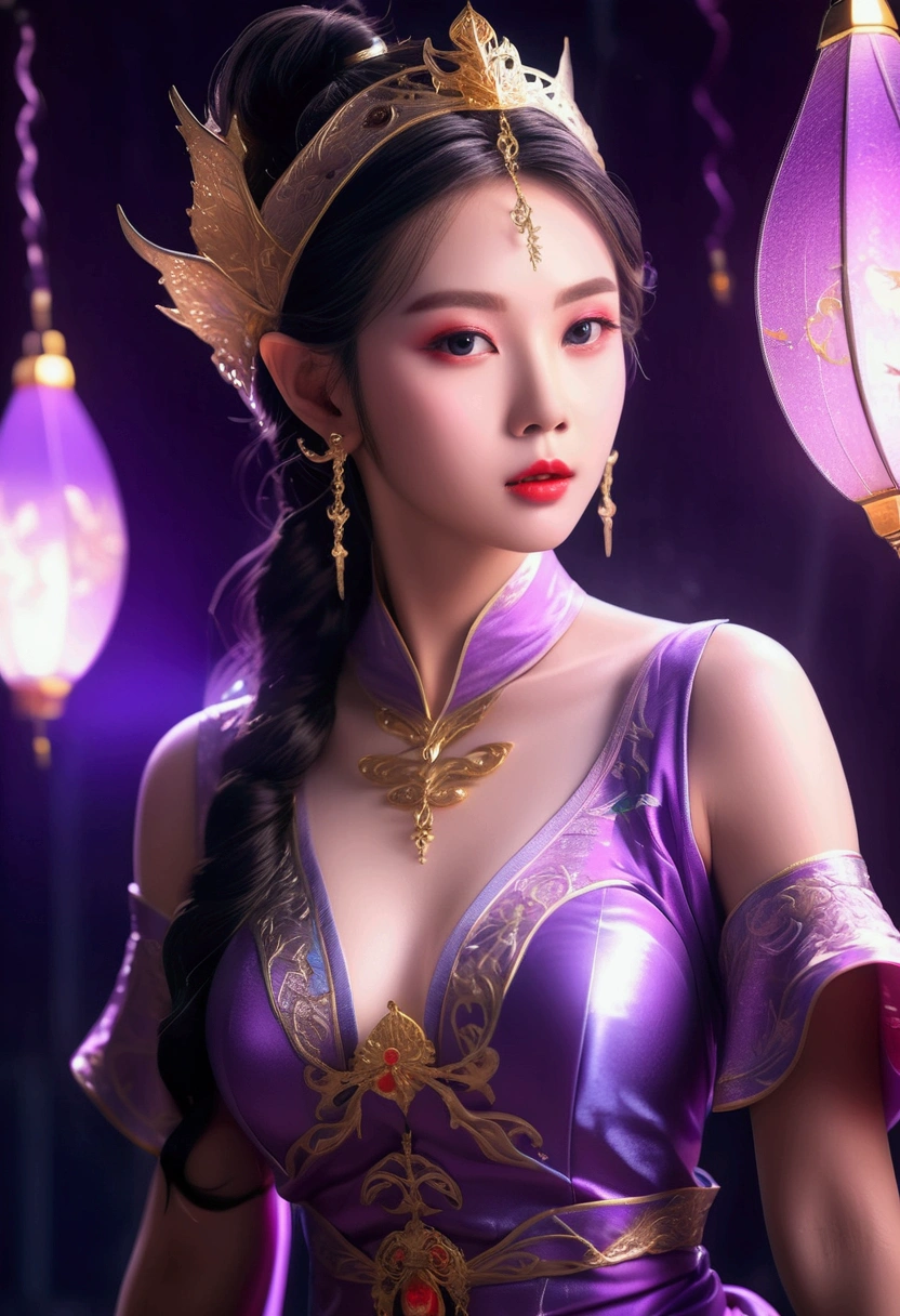 1 beautiful girl in Thai dress, purple thin silk clothing,white,The textures are diverse., white蕾丝上衣, Long platinum ponytail, hair accessories, earring, Light purple rabbit ears, Necklaces and necklaces, Carefully draw large purple eyes., delicate makeup, Thin eyebrows, high nose, cute red lips, No smile., Pursing your lips, blushing, wide chest, big breasts ,Asian face, Well-proportioned breasts, Thin waist, Purple mesh socks, Hanfu Chinese style, Fictional art textures, Vivid and realistic colours, RAW photos, Realistic photos, Ultra high quality 8k surreal photos., (Powerful fantasy lighting effects: 1.8), 10x pixels, magic effect (background): 1.8), Highly detailed eyes, Full body portrait of a young woman, solo girl, 汉服background,