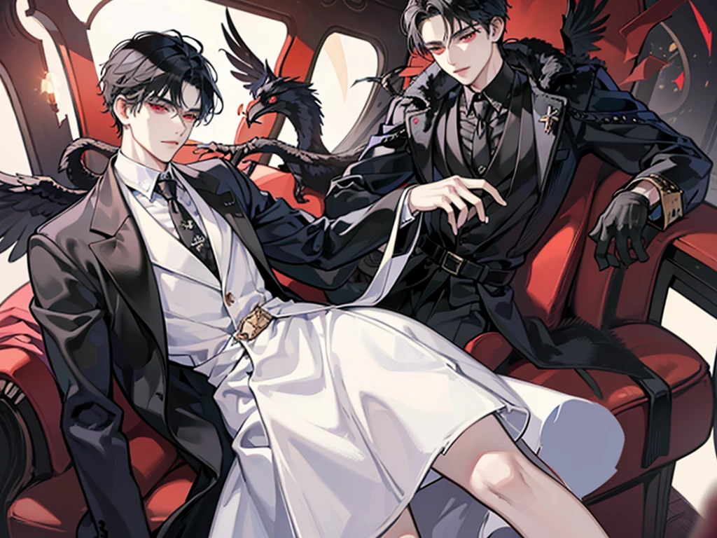 Henry is a 30 year old man with black hair and sharp red eyes like a hawk, Henry wearing a black suit and tie taken in the early 2020s, gotham, alejandro, she looks very graceful,short black hair combed to the left side, dynamic posture, one person,He is a firm figure and has a face that tends to be a bit stiff, he has eye bags that are quite obvious, and he has pale white skin, I think he is around 185cm tall with a good and sturdy body size.