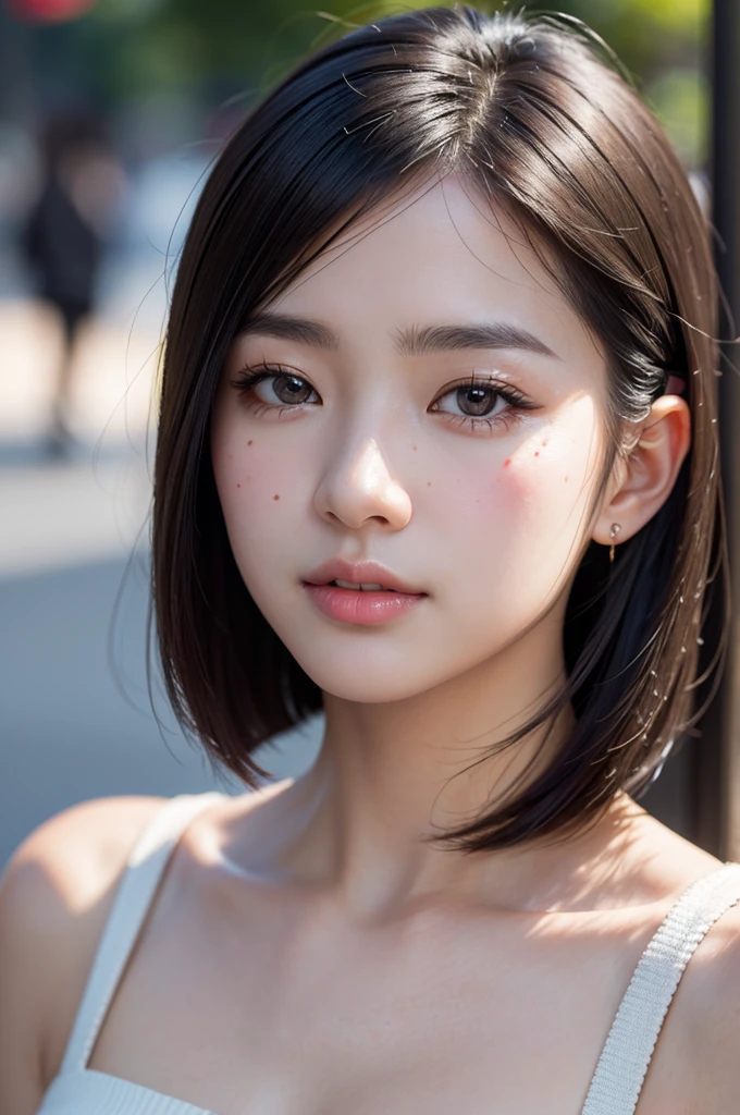 (masterpiece, best quality, hires, high resolution:1.2), (extremely detailed, intricate details, highres), (medium close-up:1.2) portrait on a (Tokyo street sunny background:1.2), (medium shot:1.2), (face focus:1.1), (soft focus:1.2), low lighting, (out of focus:1.2), bokeh, f1.4, 40mm, photorealistic, raw, 8k, ((textured skin:1.1, skin pores:0.3, realistic skin:1.1)), intricate details, 1girl, (ultra sharp image), black hair, perma straight hair style, very beautiful girl,