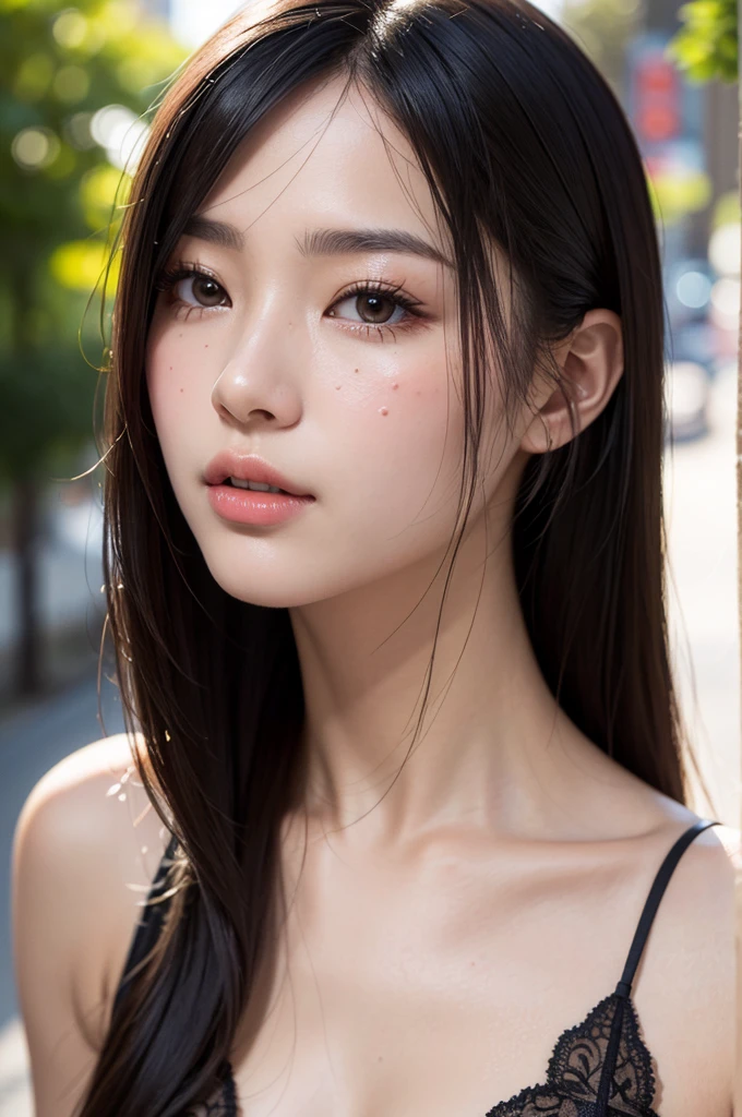 (masterpiece, best quality, hires, high resolution:1.2), (extremely detailed, intricate details, highres), (medium close-up:1.2) portrait on a (Tokyo street sunny background:1.2), (medium shot:1.2), (face focus:1.1), (soft focus:1.2), low lighting, (out of focus:1.2), bokeh, f1.4, 40mm, photorealistic, raw, 8k, ((textured skin:1.1, skin pores:0.3, realistic skin:1.1)), intricate details, 1girl, (ultra sharp image), black hair, perma straight hair style, very beautiful girl,