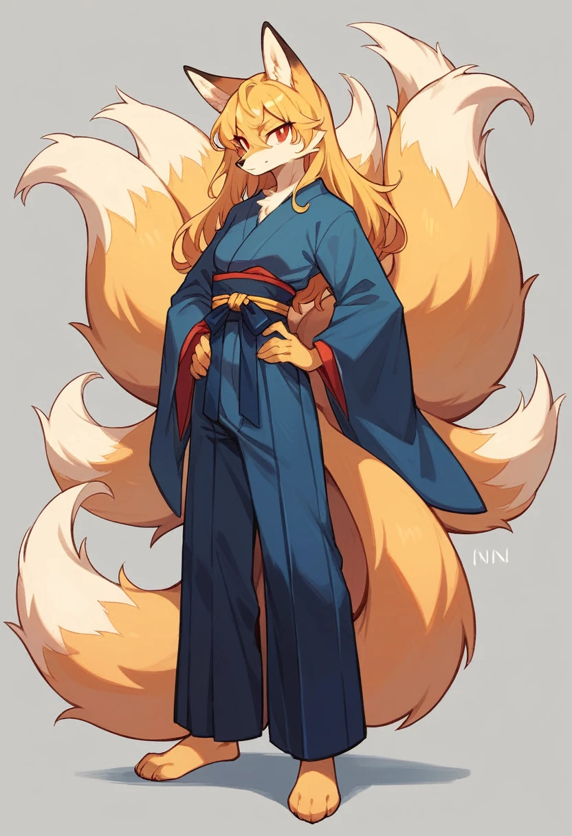 (full body,,The left hand is on the hip),((The right hand is out in front,Nine-tailed tail,)),small breasts,Slender male fox, Furry, Golden fur, Golden facial fur, long golden hair, The hair on his hands is golden, Golden yellow hair on the back of the hand, Light-filled eyes, Red eyes, Brown elements of fur,Dark blue kimono,Dark blue hakama,Very fine fur, Fluffy tail,Multiple Tails