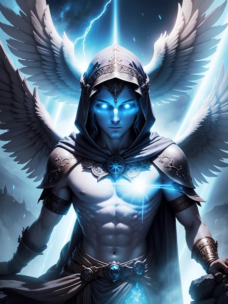 on top of a castle, A stone statue, blue beam of light emits from the statue towards the sky, the statue looks like an ancient god, the statue is hooded, with your face covered, has wings, medieval fantasy world