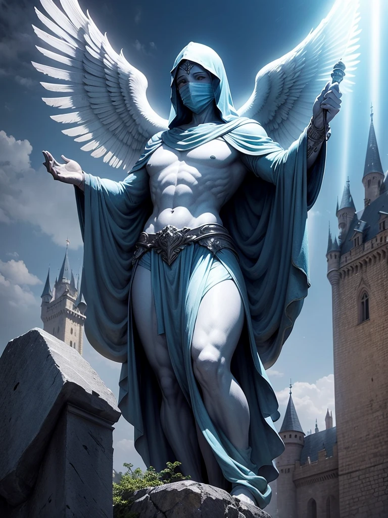 on top of a castle, A stone statue, blue beam of light emits from the statue towards the sky, the statue looks like an ancient god, the statue is hooded, with your face covered, has wings, medieval fantasy world
