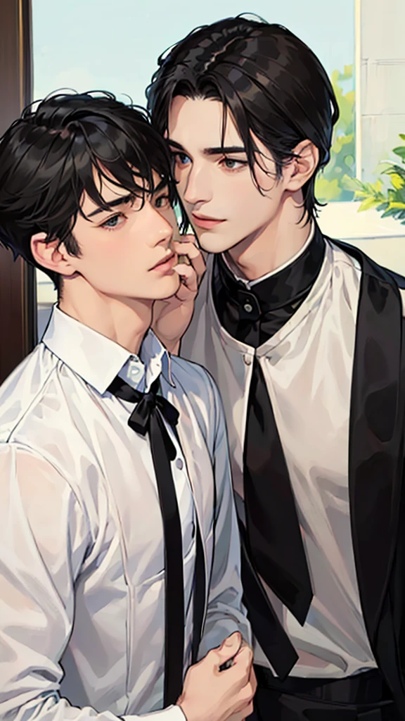 (masterpiece), (best quality), Very detailed, ((Two friendly men:1.5)), Perfect face, Pretty Face, Very detailedな顔，(Black-haired man:1.3)、Set
