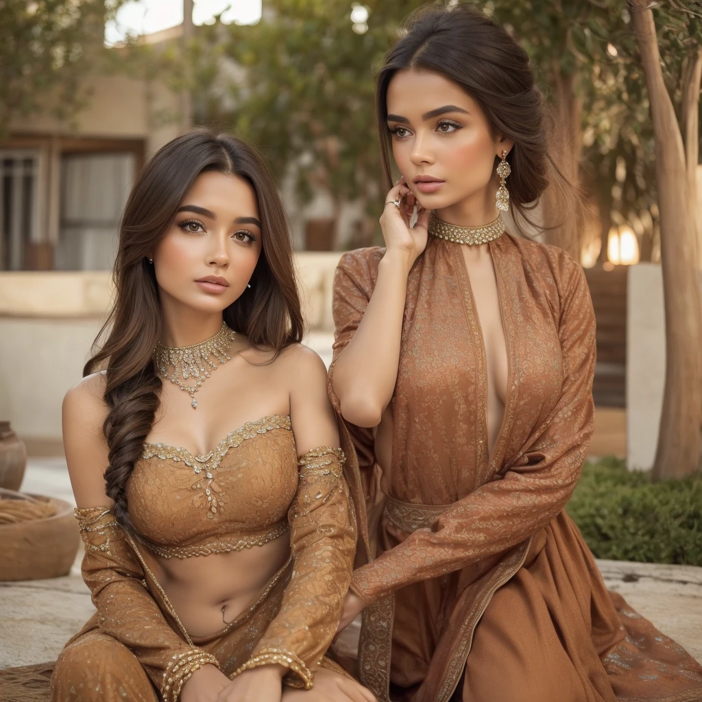 1 beautiful young women ,with a beautiful, very realistic face, a beautiful body,a magnificent brown outfit and magnificent jewelry
