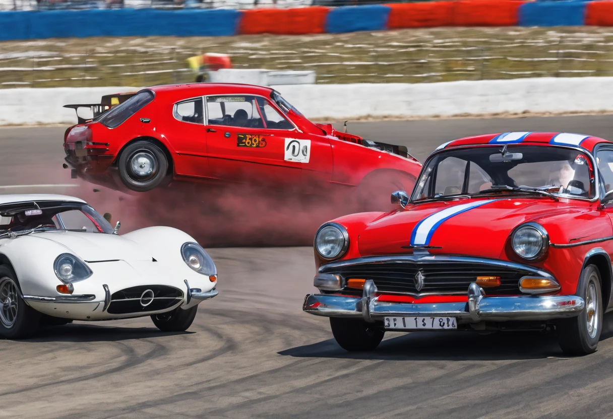 in a road car race, an old European family passenger car (with red paint) overtakes all modern sports cars (with white paint)