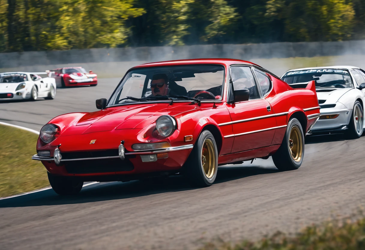 in a road car race, an old European family passenger car (with red paint) overtakes all modern sports cars (with white paint)