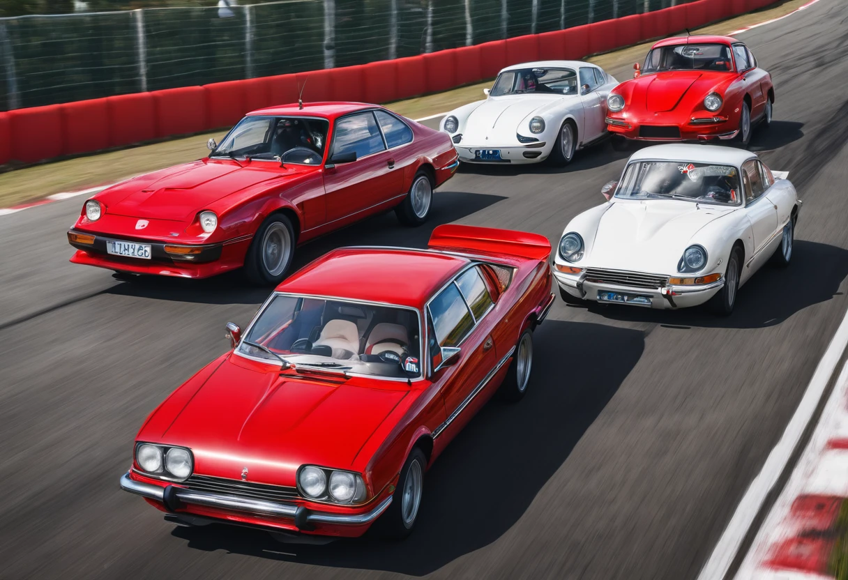 in a road car race, an old European family passenger car (with red paint) overtakes all modern sports cars (with white paint)