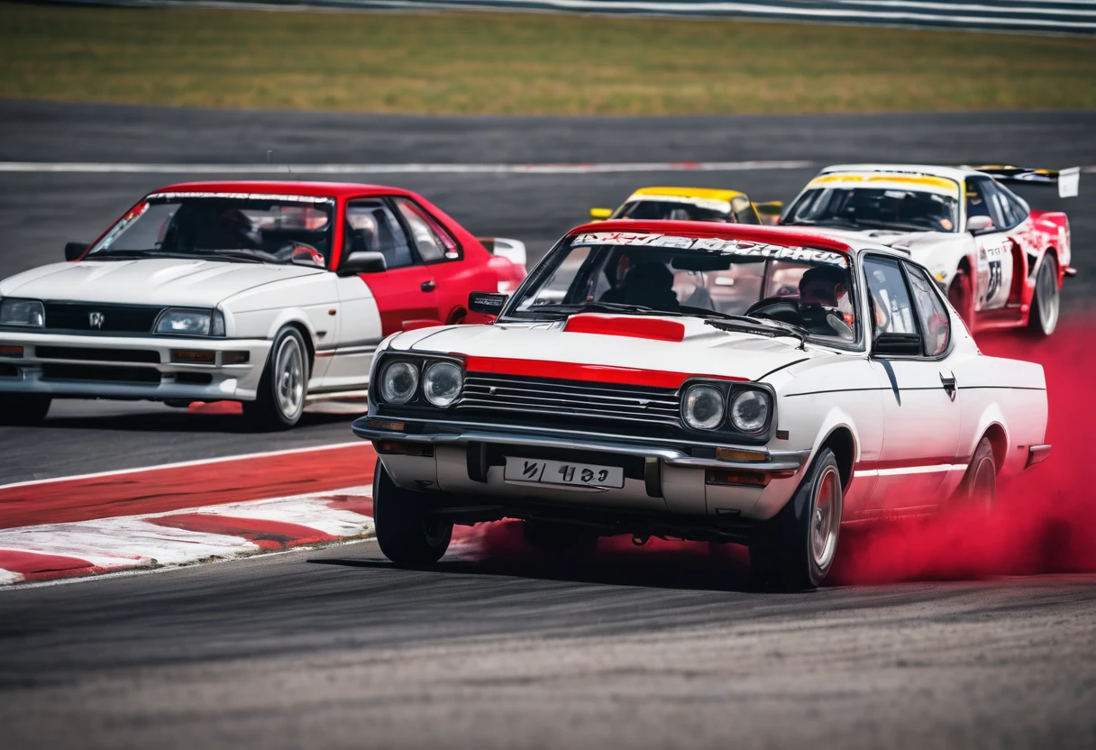 in a road car race, an old European family passenger car (with red paint) overtakes all modern sports cars (with white paint)