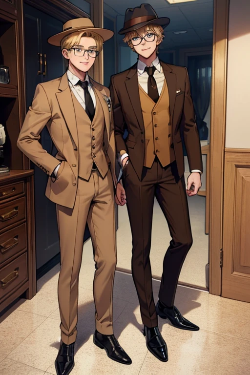 male, blonde short messy hair, blue eyes, (((1boy))), (((brown suit jacket))), (white dress shirt), (golden yellow vest), (brown dress pants), (black necktie), (black dress shoes), (brown trilby hat), (glasses), young, long legs, smiling, single man, no other people