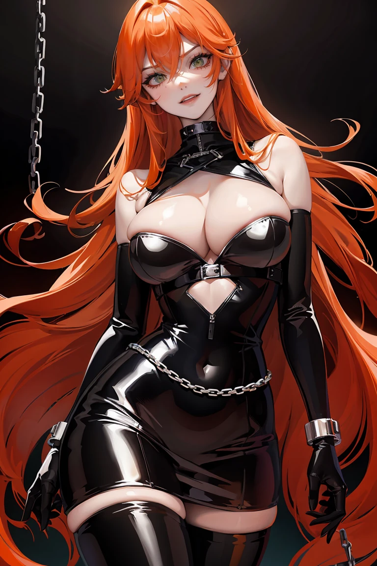 long orange hair, green eyes, black latex, smirk, large cleavage, pale skin, dominatrix, dark room, dungeon, chains, two females, one submissive, one dominant, sexy