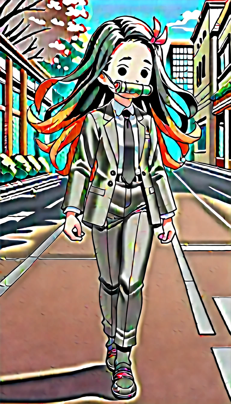 score_9, score_8_up, score_7_up, score_6_up, score_5_up, score_4_up, source_anime,nezukoC,1girl, solo,solid circle eyes,parody, chibi,,grey suit, (grey blazer), grey pants, white collared shirt, (black necktie), pink hair ribbon,floating hair,black hair,two-tone hair,power walking, street,building,cherry blossoms,bamboo bit gag, raised eyebrows,dynamic pose,(from side:0.75) ,pants,jacket,oversized clothes,black shoes,black socks  