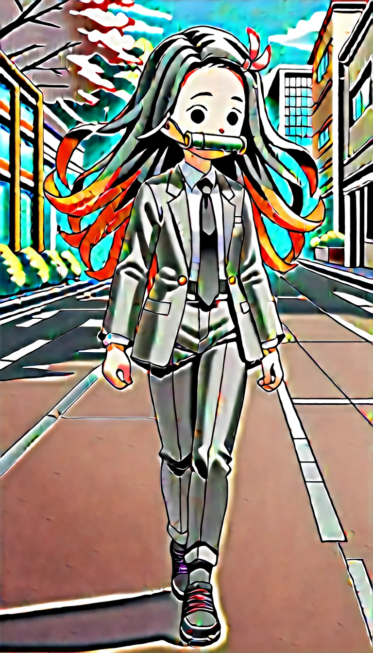 score_9, score_8_up, score_7_up, score_6_up, score_5_up, score_4_up, source_anime,nezukoC,1girl, solo,solid circle eyes,parody, chibi,,grey suit, (grey blazer), grey pants, white collared shirt, (black necktie), pink hair ribbon,floating hair,black hair,two-tone hair,power walking, street,building,cherry blossoms,bamboo bit gag, raised eyebrows,dynamic pose,(from side:0.75) ,pants,jacket,oversized clothes,black shoes,black socks