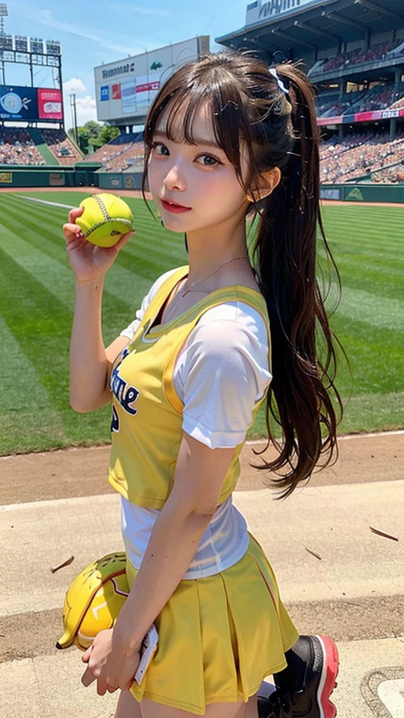 (8k, masterpiece, highest quality),girl１name、wet sweat、baseball、cheerleader clothes、chocolate banana in hand、toffee apple、Simple baseball stadium background、head shot、